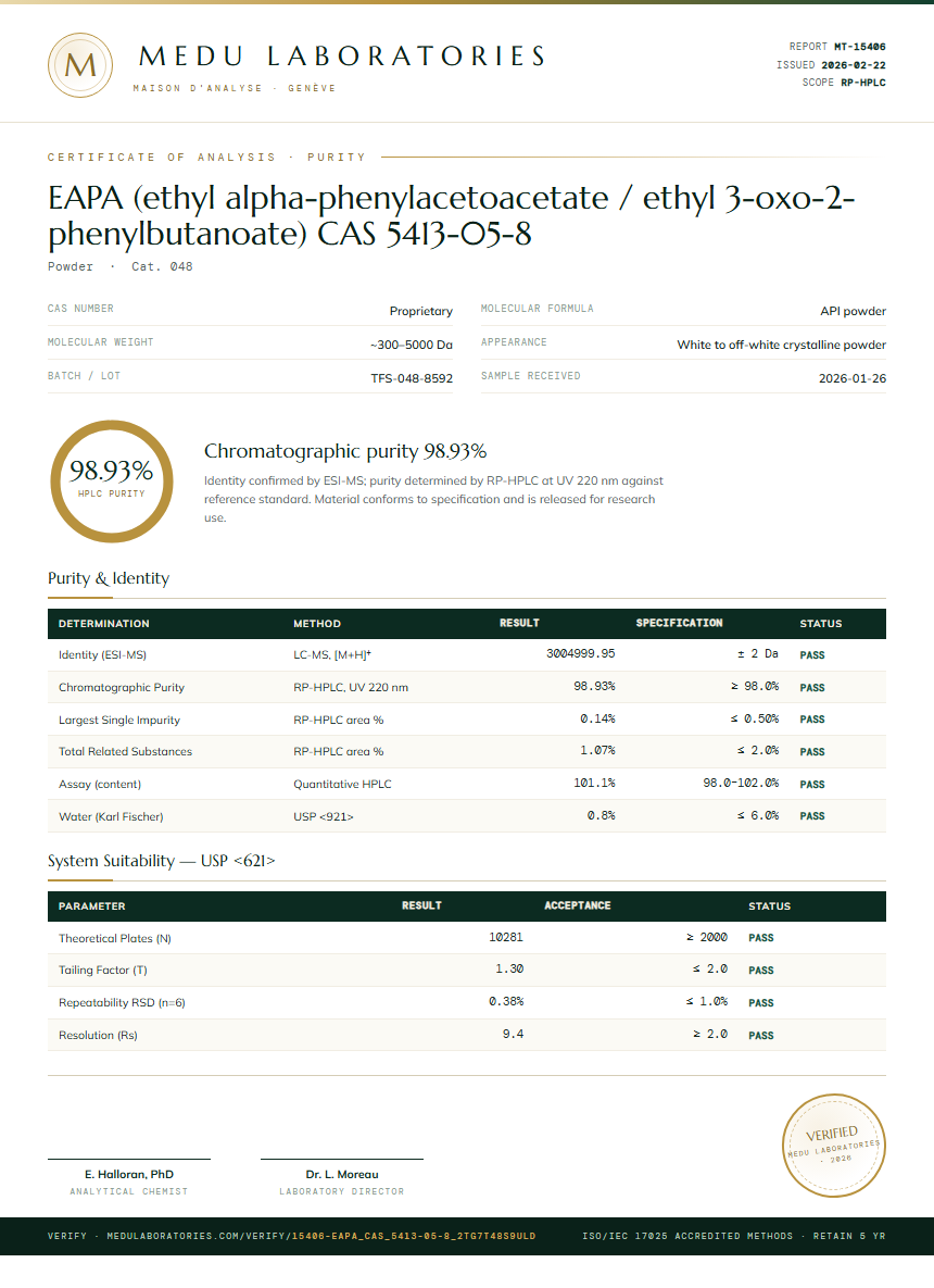 EAPA (ethyl alpha-phenylacetoacetate / ethyl 3-oxo-2-phenylbutanoate) CAS 5413-05-8 Purity Test Report by Medutest